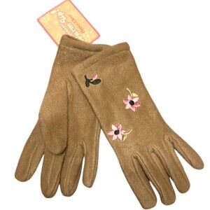 Womens Gloves Brown Polyester Fleece With Pink Flower Embroidery NWT